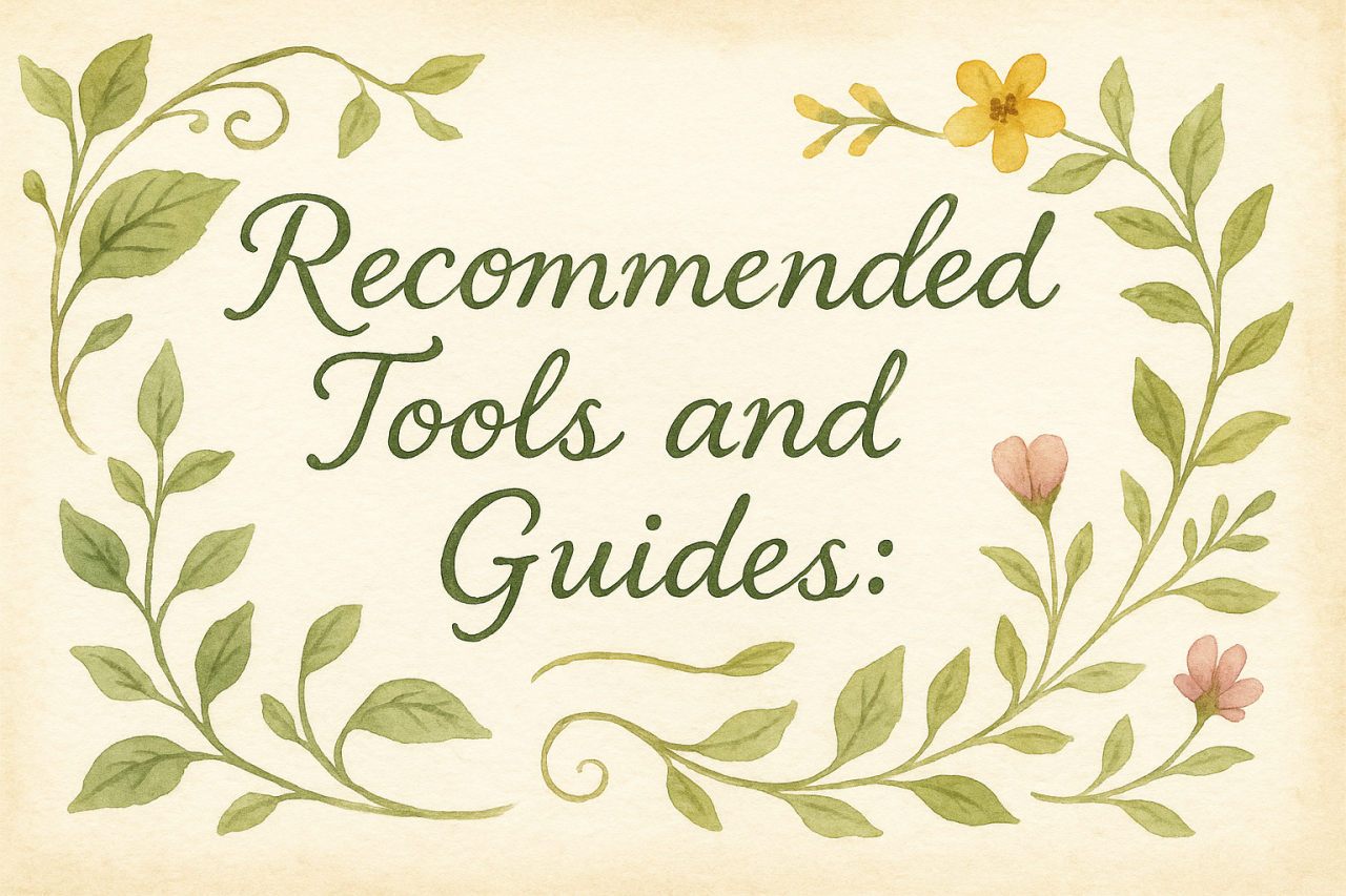 Watercolor-style banner reading ‘Recommended Tools and Guides:’ framed by delicate green vines and soft pink and yellow flowers on a cream parchment background.